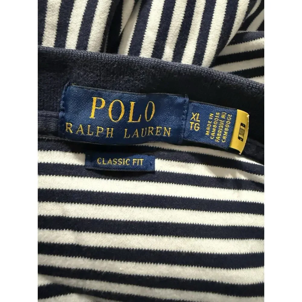 Polo Ralph Lauren Shirt Mens XL Classic Fit Navy White Striped Pony Logo Mesh
